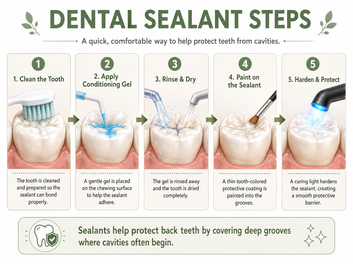 Illustrated steps for applying a dental sealant.