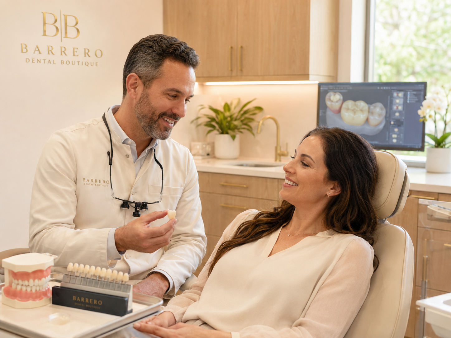 Dentist discussing restorative dentistry options with a patient in a warm treatment room
